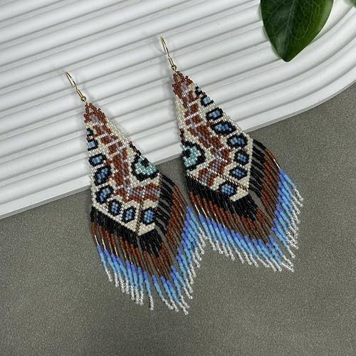 Handmade Seed Beaded Earrings, Lightweight Boho Fringe Dangle Earrings, Glass Bead Drop Jewelry for Everyday Wear & Party, Women Gifts - color: Feather-Brown