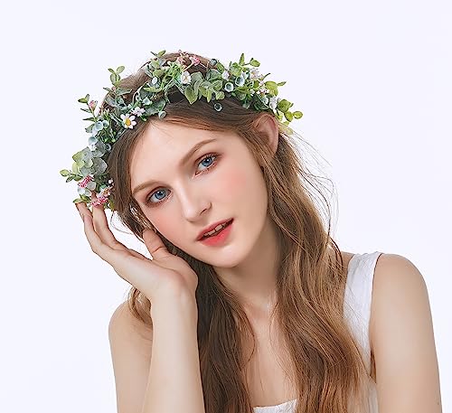 Vivivalue Floral Crown Flower Garland Headband Hair Wreath Floral Headpiece Halo Boho with Ribbon Wedding Party Festival Photos - color: Z