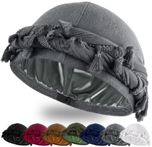 Ababalaya Adjustable Satin Lined Halo Turban Durag for Men &Women Twisted Tassel Head Wraps - color: Grey
