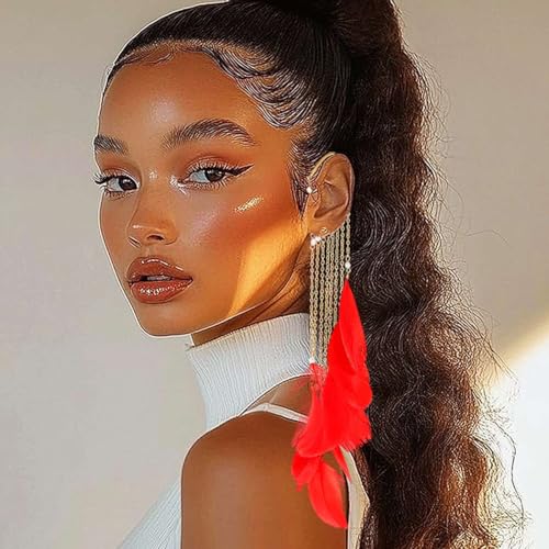 Catery Feather Earrings Long Tassel Boho Earrings Dangling Fringe Prom Jewelry for Women - color: Red