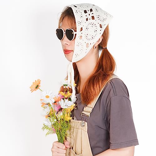 hoyuwak Crochet Bandanas Headbands Head Scarf Hair Scarf for Women Girls Knitted Floral Hair Accessories for Hair Styling Festival Holiday Christmas Decor(White)