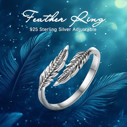 Vito 925 Sterling Silver Adjustable Open Spoon Ring for Women Men, Lotus Sunflower Snake Spoon Band Rings Feather Hug Witches Knot Inspirational Jewelry Gift for Wife - style: Feather-1