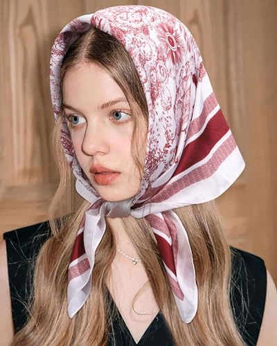 AWAYTR 27.5” Square Satin Head Scarf Hair Scarf for Women's Hair Silk Bandana for Women Silk Head Wrap for Sleeping - color: Landscape Painting (Red)
