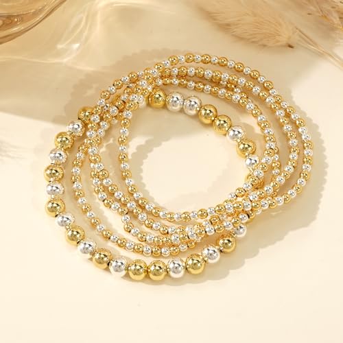 Gold Bracelets for Women Stackable 14K Gold Silver Plated Beaded Bracelets Stack Elastic Stretch Non Tarnish Bead Ball Stack Stretch Adjustable Dainty Jewelry Trendy Prom Gifts for Women - color: Gold and silver
