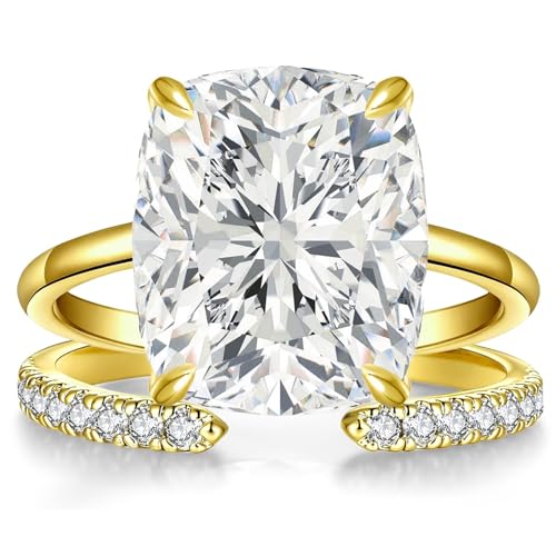 AVECON 3CT/5CT Elongated Cushion Cut Engagement Ring Set for Women, Wedding Promise Cubic Zirconia Band, 14K Gold/White Gold Plated Stackable Adjustable Bridal Half Eternity Open Rings, Size 5-9 - color: Gold-5CT