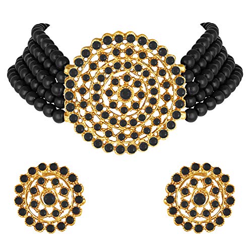 Aheli Pearl Diamond Choker Necklace & Round Earrings Gift for Women Indian Traditional Bollywood Fashion Bharatanatyam jewellery set - color: Black 2