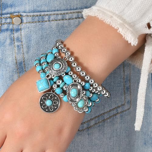Long tiantian Western Turquoise Beaded Bracelet Set for Women Stackable Cowgirl Bracelets Boho Concho Jewelry Country Concert Rodeo Outfit Accessories Gifts - color: D3:Turquoise Bracelet