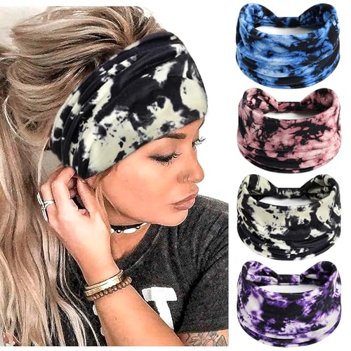 FULZTEY Boho Headbands for Women Tie Dye Head Bands Fashion Knot Wide Headwraps Large African Bandanan Fabric CottonTurban Elastic Yoga Workout Hairbands for Women's Hair Accessories 4Pcs - color: Style 7