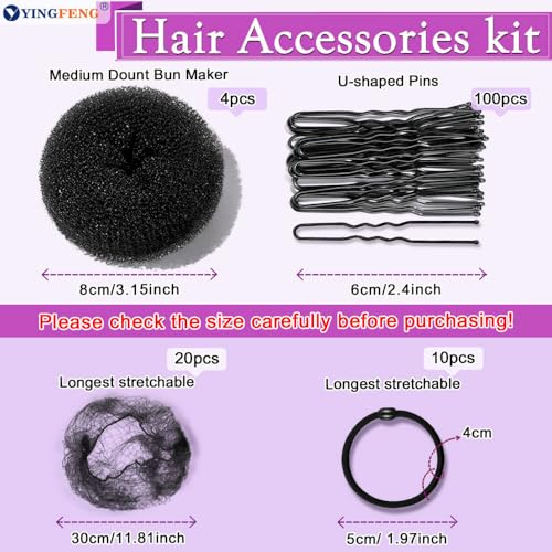 YINGFENG 134 Pcs Black Hair Bun Maker Kit Medium - 4 Bun Hair Pieces for Women, 20 Hair Net for Buns, 100 Bobby Pins for Women, 10 Hair Bands, for Ballet Styling, Hair Accessories for Girls - color: black, size: Medium