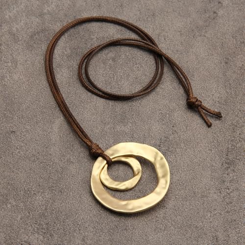 GelConnie Leather Necklace for Women Round Wooden Pendant Long Leather Choker Vintage Sweater Necklace Gold Chunky Boho Necklaces for Women - style: 2 Circles Gold Necklace