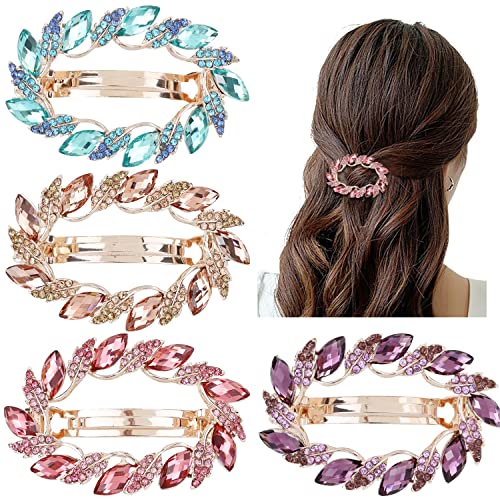 inSowni 4 Pack Gold Glitter Sparkly Jeweled Gems Korean Decorative Rhinestones Crystals Leaf Metal French Barrettes Alligator Snap Hair Clips Pins Accessories for Women Girls - color: Champagne, Pink, Purple and Blue