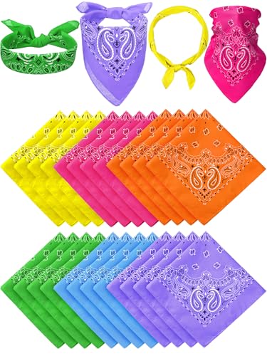 Unittype 36 Pieces Paisley Bandana Cowboy Bandanas Sports Novelty Headband Square Scarf Outdoor for Western Party Costume - color: Neon Color, style: Classic Style