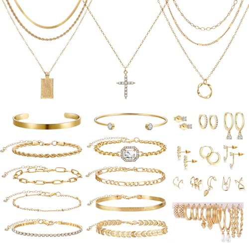 KISS WIFE Golden Jewelry Set for Women with Multi Layered Necklaces, Stackable Bracelets, Knuckle Rings, Hoop Earrings, Fashion Outfit Accessories Jewelry Packs Gifts for Women - style: Style 2