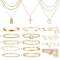 KISS WIFE Golden Jewelry Set for Women with Multi Layered Necklaces, Stackable Bracelets, Knuckle Rings, Hoop Earrings, Fashion Outfit Accessories Jewelry Packs Gifts for Women - style: Style 2