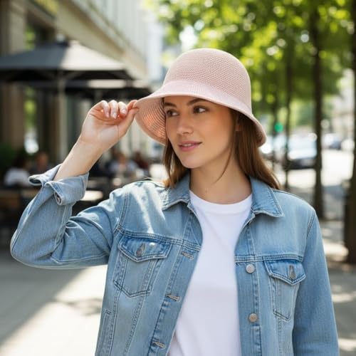 Women Straw Hat Beach Sun Cap Foldable Paper Knitted for Travel Summer Vacation Soft Lightweight Breathable - color: Pink