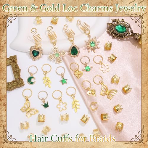 36PCS Hair Jewelry Green Crystal Loc Charms Butterfly Braids Clips Heart Dreadlock Hair Pendant Gold Hair Cuffs Rings Metal Braids Accessories - color: Green