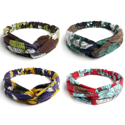 AQOKKA Elastic Knotted Headbands for Women Cloth Head Hair Bands for Women's Hair Non Slip Boho Wrap Twisted Hair Accessories - color: 4 Pack Cross Floral : C