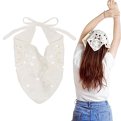 hoyuwak Crochet Bandanas Headbands Head Scarf Hair Scarf for Women Girls Knitted Floral Hair Accessories for Hair Styling Festival Holiday Christmas Decor(White)