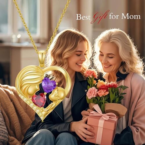 Mothers Day Gifts 14K Yellow Gold Mother Daughter Heart Pendant Necklace with 12 Months Birthstone Birthday Gifts for Mom Anniversarry Jewelry for Mom Wife Girlfriend - color: 01-02-Jan-Feb Birthstone