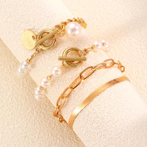 Alegend Titanium Steel (Not Rust, Resist Corruption, Easily Clean) 18K Gold Plated Single Bracelets + 14K Gold Plated Stackable Multilayer Bracelets - style: 14KGold & Pearl Layered