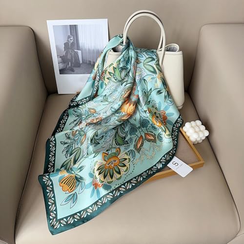 CHUNG Women's Scarf Hair Bandanas Square 27.5" Satin Wrap Fashion Pattern Scarves Emulation Silk Handbag Ribbons Necktie - color: Blue Flower-87#
