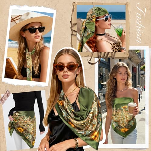 Large Square Head Scarf Bandana - 35" Satin Hair Scarf for Women Like Silk Scarf Fashion Hair Wrapping - color: Paisley(green), size: 35IN*35IN