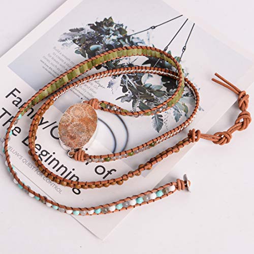 YGLINE Boho Handmade Wrap Leather Tube Crystal Stone Bracelet for Women - color: Agalmatolite