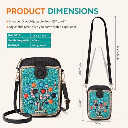 Women's Small Crossbody Cell Phone Bag, Boho Colorful Beaded Purse Wallet with Handmade Cute Patterns - color: Tree-blue