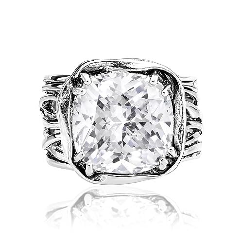 JEAN RACHEL JEWELRY 925 Sterling Silver Ring - Wrap Vintage Design with Cushion Shaped Cubic Zirconia - Hypoallergenic, Lead & Nickel Free - Artisan Handcrafted Statement Rings for Women - color: White CZ