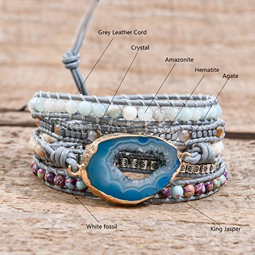 YGLINE Boho Handmade Wrap Leather Tube Crystal Stone Bracelet for Women - color: Blue Druzy