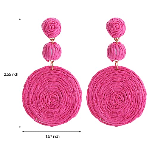 Boho Raffia Ball Earrings for Women, Handmade Statement Drop Earrings Straw Dangle Earrings Beach Vacation Jewelry - color: Hot Pink