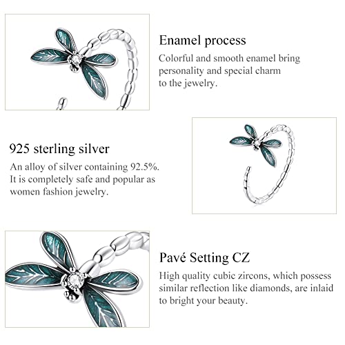 BISAER 925 Sterling Silver Ring Adjustable Cute Unique Cat Snake Butterfly Dragonfly Fashionable Ring For Women Jewelry - color: Green Dragonfly