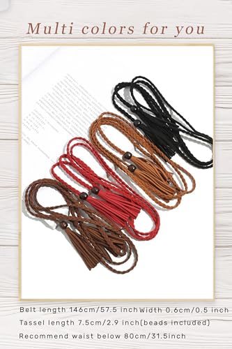 TeeYee Waist Belt Woven Knitted Rope/Chain PU leather 3 Pieces Tassel Rope Skinny Belt - color: 005blackredcoffee