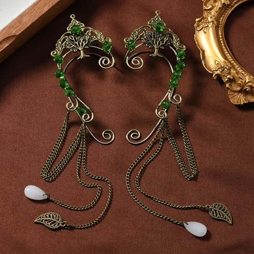 Elf Ear Cuffs, OwMell Handcraft Silver Pointed Fairy Elven Cosplay Fantasy Costume Bridal Wedding Earrings for Non Pierced Ears - style: Tree & Green Beads