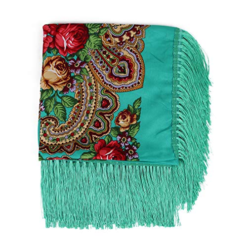 Gudessly Women's Traditional Scarf Wrap Tassel Fringes Neck Head Shawl Retro Scarf Floral Poncho Printing Square Cape 50inch - color: Green