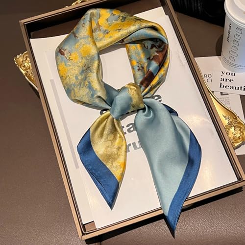 Sumolux Head Hair Scarf for Women Like Satin Silk Scarf Bandana Hair Wrapping Night Large Square Scarves 27.5" - color: Blue Oil Painting