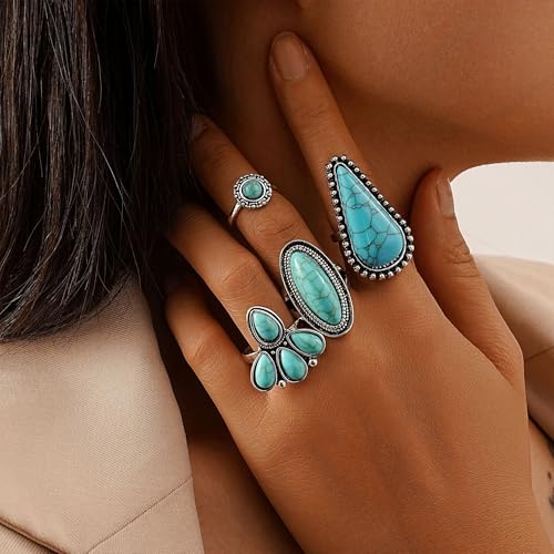 Bohemian Turquoise Ring for Women Stackable Vintage Chunky Boho Turquoise Ring Set Dainty Open Gemstone Knuckle Midi Finger Rings Western Statement Rings Jewelry - style: four