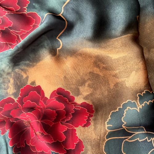 Long Silk Like Scarf Lightweight Satin Scarves Large Sunscreen Shawl Wrap for Women - color: 013.flowers Red and Blackish Green