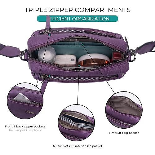 Alldaily Small Triple Zip Crossbody Purse for Women, Vegan Leather Phone Bag with Wide Shoulder Strap - color: Purple