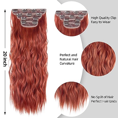 20 Inches Clip in Hair Extensions Double Weft Copper Red Long Wavy Hair Extensions for Women 4PCS Thick Hairpieces Synthetic Fiber (Copper Red) - color: Copper Red