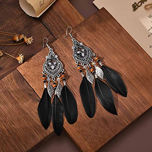 Bohemian Earrings Feather Tassel Silver Ethnic Retro Boho Dangle Earring Bead Women Jewelry for Birthday Party Gifts (Black) - color: Black