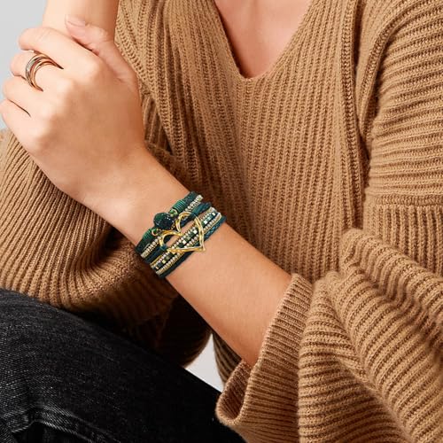 Leather Wrap Bracelet for Women, Boho Cuff Bracelet with Strong Clasp, Multi-Layer Crystal Leather Bracelet for Valentine Mother's Day - color: 01-Heart-Green