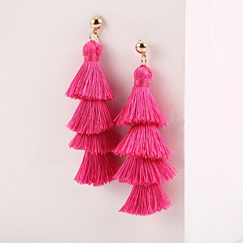 BaubleStar Tassel Earrings Handmade Tiered Thread Tassel Dangle Earrings, Multi Colors - color: Hot Pink