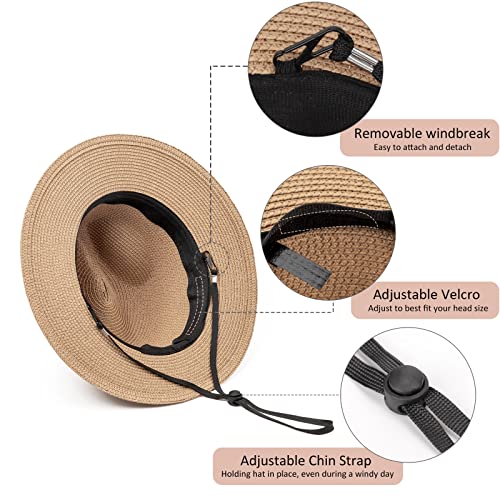 DRESHOW Women Straw Panama Hat Travel Fedora Beach Sun Hat Summer Wide Brim Straw Roll up Hats UPF 50+ - color: Fedora Hat: Khaki (Brown Ribbon)