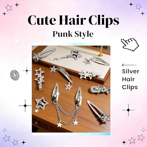 10PCS Y2K Silver Star Hair Clips, 8 Different Shapes Metal Pentagram Barrettes, Punk Kawaii 2000s Hair Clips Cute Y2K Accessories WomenStar Clips Hair for Women and Girls
