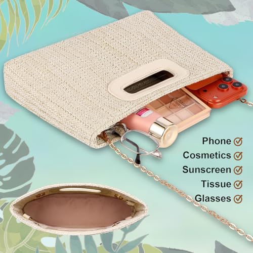 Beach Clutch Bag Straw Summer Clutch Purses for Women Handmade Woven Purse Detachable Gold Chain, Crossbody - color: Beige