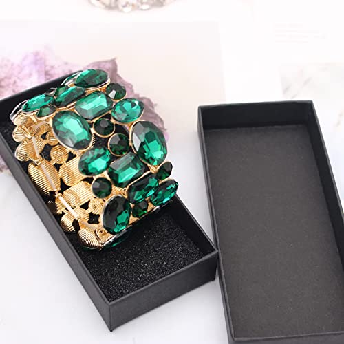 Women’s Wedding Bridal Crystal Leaf Flower Stretch Bangle Elastic Wide Bracelet Jewelry for Brides Bridesmaid - color: Emerald-Gold Plated