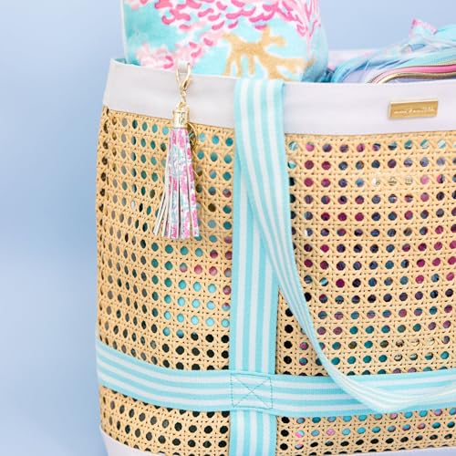 Lilly Pulitzer Travel Tote Bag with Hat Holder Strap, Caning Beach Bag with Tassel Keychain - color: Beachside Haven