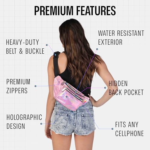 Holographic Fanny Pack Belt bag - Crossbody Waist Bag for Men or Women - Hands-Free, Waterproof Large Bumbag for Hiking, Running, and Travel (Pale Pink) - color: Holographic Pale Pink