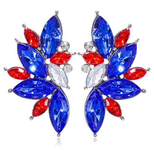 Bohemian Statement Sparkly Colourful Fancy Rhinestone Crystal Flower Dangle Drop Stud Earrings Vintage Wedding Bridal Prom Earrings for Women - color: Red Blue